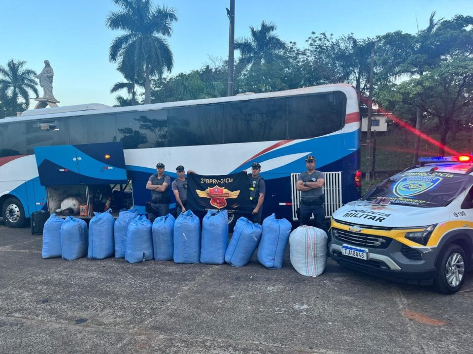 Polícia Rodoviária encontra 252 kg de folhas de coca e haxixe em ônibus